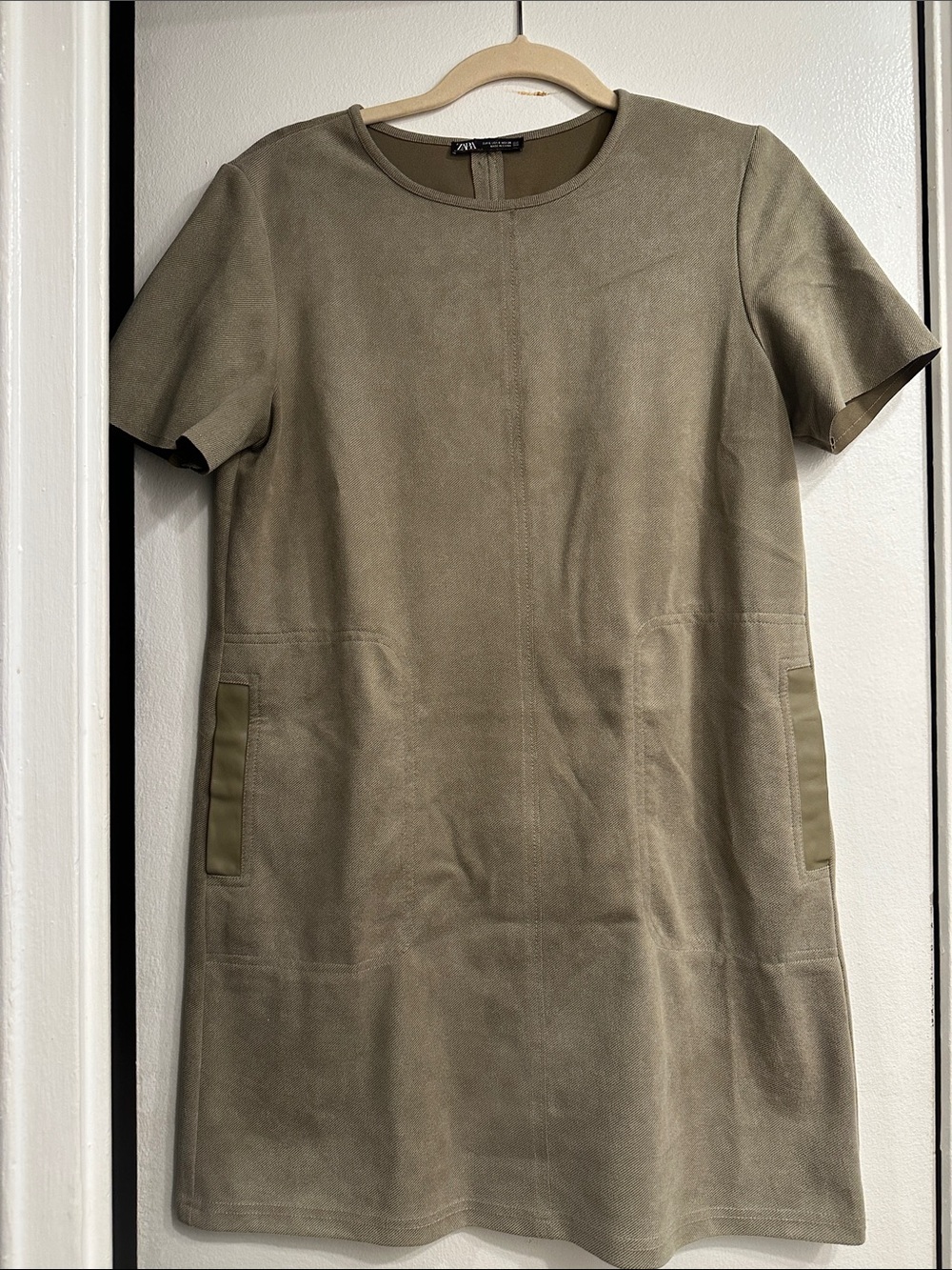 Zara Olive Short-Sleeve Suede Shift Dress